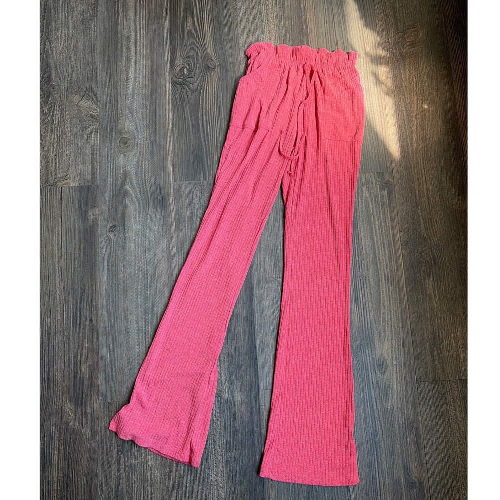 ChicMe Ribbed Knit Flare Red  Pants Paperbag Waist Drawstring Pockets M